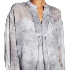 Vince Gray Watercolor Marble Print 100% Silk Blouse Top Tunic Semi Sheer M/L
